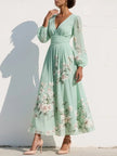 FJØRNA women's summer midi dress with floral pattern, V-neckline, and flowy fabric, perfect for warm weather.