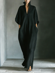 FJØRNA women's summer maxi dress with V-neck and kimono sleeves, flowing lightweight fabric perfect for warm weather.