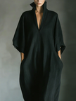 FJØRNA women's summer maxi dress with V-neck and kimono sleeves, flowing lightweight fabric in a stylish design.
