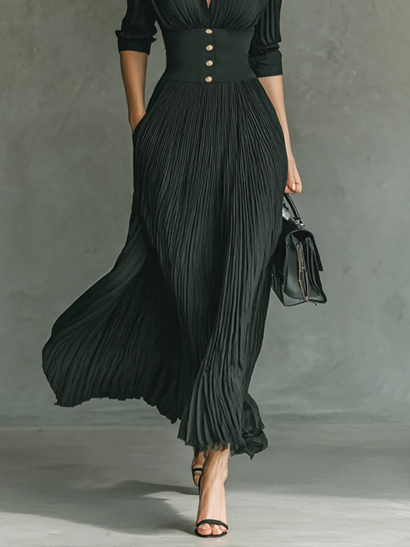 FJØRNA Erica Signature fitted waist maxi dress with pleated skirt and ruched bodice, elegant evening maxi dress for women
