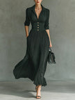 FJØRNA Erica signature fitted waist maxi dress with pleated skirt and ruched bodice, elegant and flowing full-length dress.