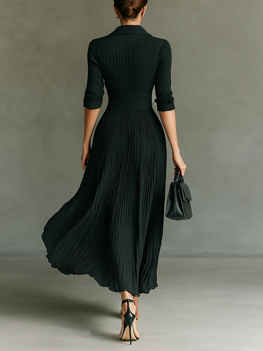 FJØRNA Erica signature fitted waist maxi dress with pleated skirt and ruched bodice, elegant evening maxi dress for women.