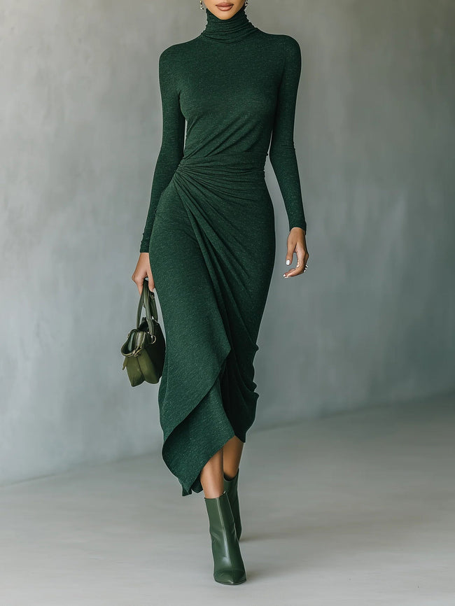 FJØRNA elegant high neck knit midi dress for women, showcasing a fitted silhouette and soft fabric in a stylish design.