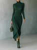 FJØRNA elegant high neck knit midi dress for women, showcasing a fitted silhouette and soft fabric in a stylish design.