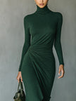 FJØRNA elegant high neck midi dress for women, featuring a stylish knit fabric and a sophisticated silhouette.