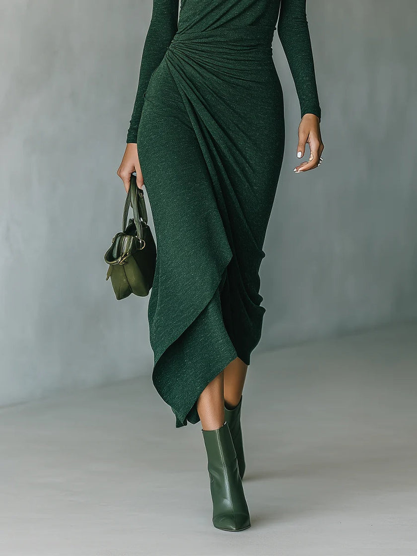 FJØRNA elegant high-neck midi dress for women made of knit fabric, featuring a stylish and sophisticated design.