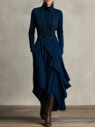 Navy summer maxi dress for women by FJØRNA featuring a high neck and long sleeves, perfect for warm-weather occasions.