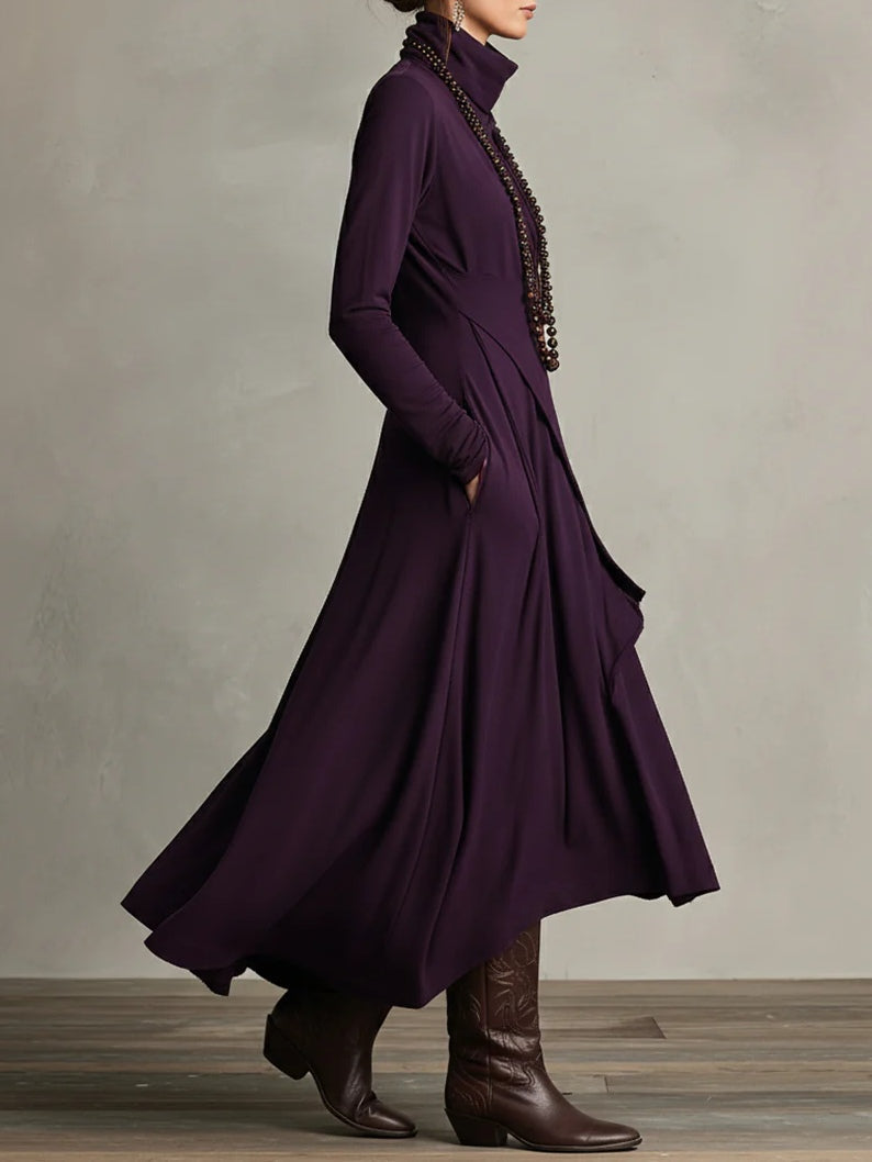 FJØRNA women's summer maxi dress with high neck and long sleeves, flowing lightweight fabric perfect for warm weather.