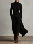 FJØRNA women's summer maxi dress with high neck, long sleeves, flowing fabric, and floral print, perfect for warm weather.