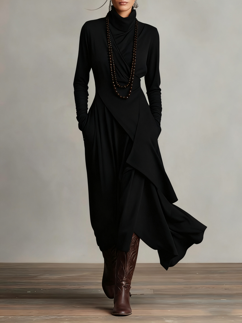 FJØRNA women's summer maxi dress with high neck, long sleeves, flowing fabric, and floral print, perfect for warm weather.