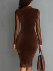 FJØRNA brown velvet mini dress with lace sleeve details, stylish and elegant for casual or special occasions.