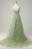 FJØRNA Macy trendy tulle A-line evening dress in green with a fitted bodice and flowing skirt, perfect for formal occasions.