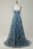 FJØRNA Macy trendy tulle A-line evening dress in grey and blue with a fitted bodice and flowing skirt, perfect for formal occasions