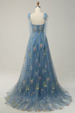 FJØRNA Macy trendy tulle A-line evening dress in grey-blue with a flowing skirt and elegant design.