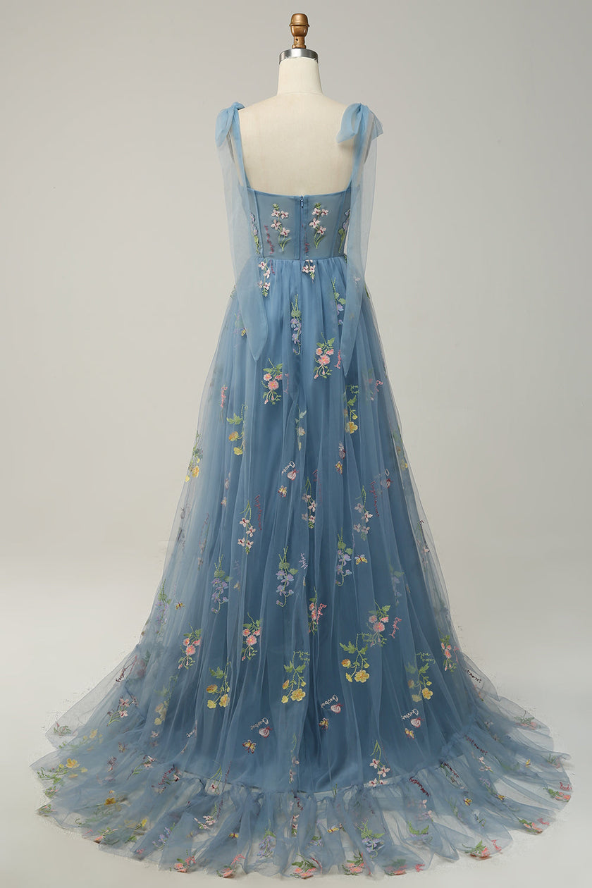FJØRNA Macy trendy tulle A-line evening dress in grey-blue with a flowing skirt and elegant design.