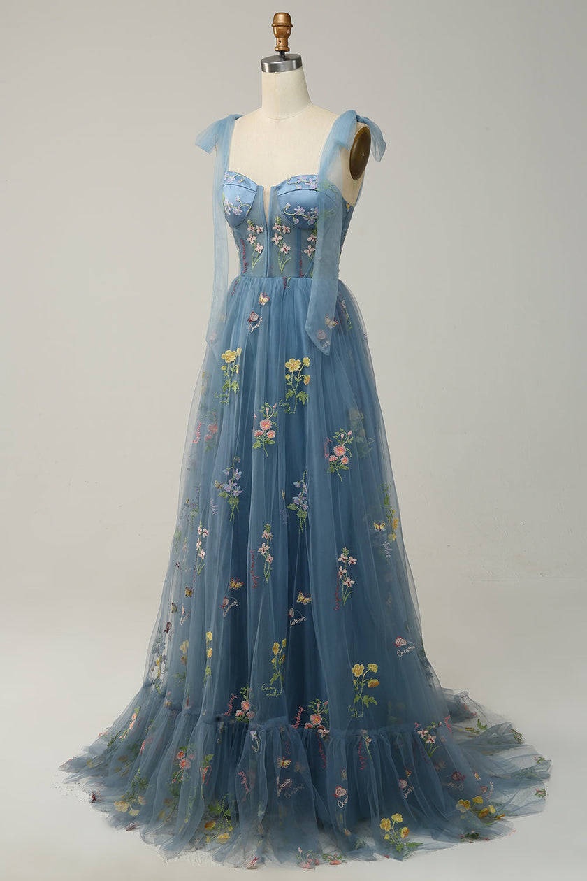 FJØRNA Macy trendy tulle A-line evening dress in grey and blue, featuring a flowing silhouette and elegant design.