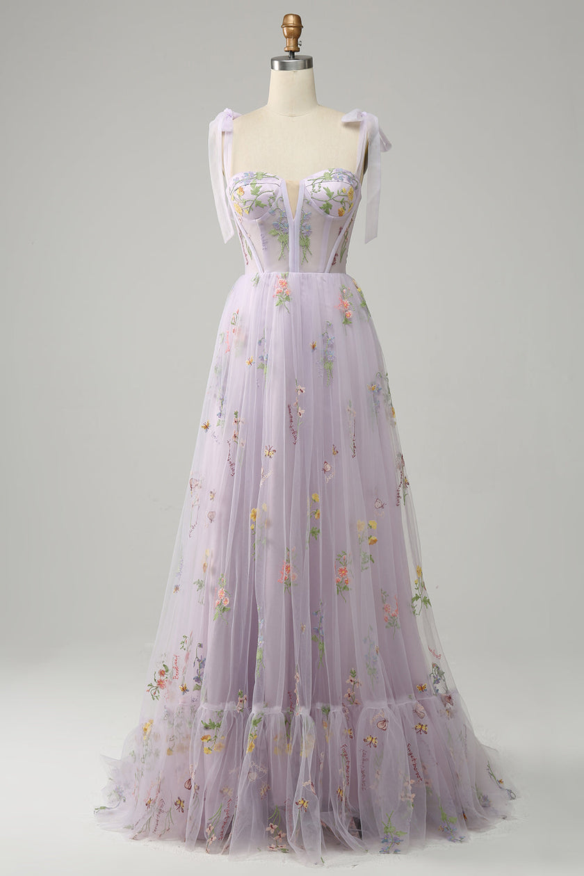 Lavender Macy Trendy Tulle A-Line Evening Dress by FJØRNA, featuring a flowing silhouette and elegant tulle fabric.