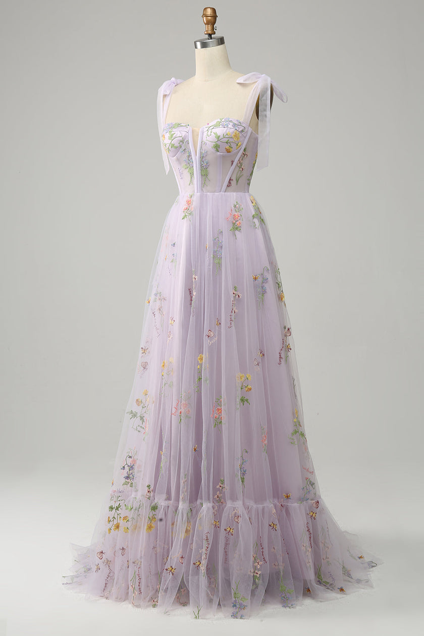Lavender FJØRNA Macy Trendy Tulle A-Line Evening Dress with delicate fabric and elegant design, perfect for formal occasions.