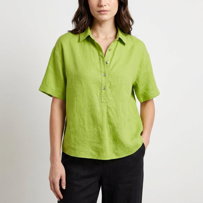 Yellow-green short sleeve denim blouse for women by FJØRNA, casual summer top with relaxed fit and stylish design.