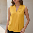 Yellow sleeveless V-neck blouse for women with front pleats, tailored fit by FJØRNA, perfect for stylish, warm-weather outfits.