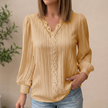Yellow FJØRNA women's pullover blouse with V-neck, lace trim, pintuck texture, and long sleeves.
