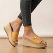 Yellow FJØRNA women's orthopedic espadrilles with wedge heel and adjustable strap, showcasing comfortable, stylish footwear.