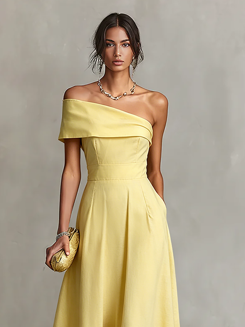 FJØRNA yellow linen evening dress featuring a flowing design and elegant style, perfect for formal occasions.