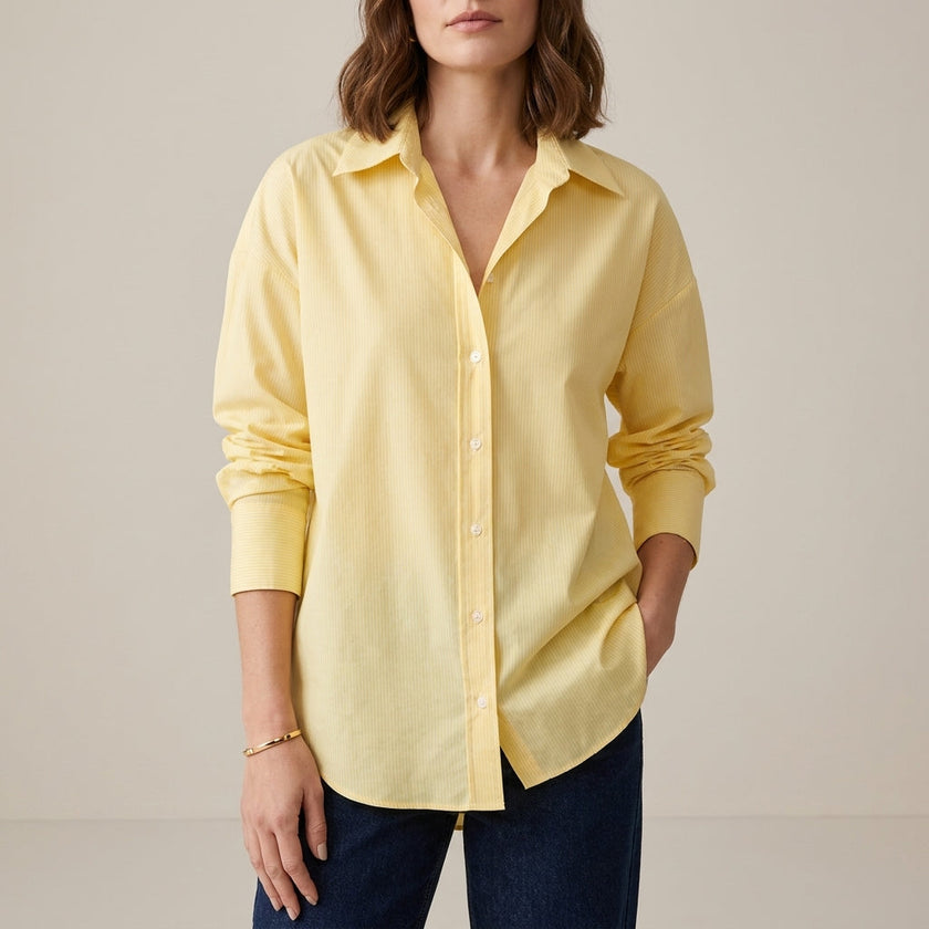 Yellow linen summer top for women with button front by FJØRNA, featuring a lightweight and breathable design.
