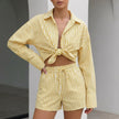 Yellow striped summer two-piece women's co-ord set with drawstring waist by FJØRNA, featuring a stylish, casual design.