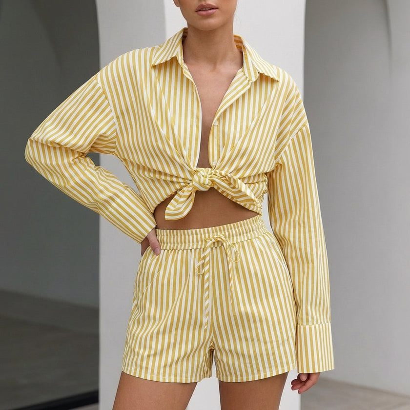 Yellow striped summer two-piece women's co-ord set with drawstring waist by FJØRNA, featuring a stylish, casual design.