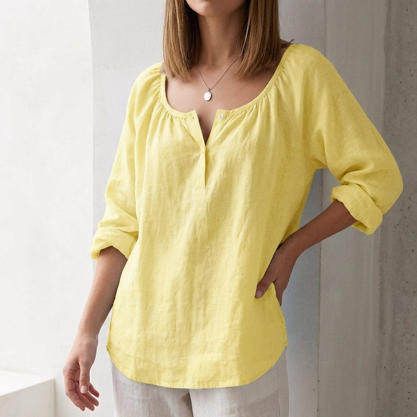 Yellow women's summer blouse by FJØRNA, V-neck linen top with a flowy, lightweight design perfect for warm weather.