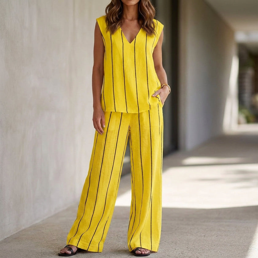 FJØRNA minimalist yellow striped sleeveless top and wide-leg pant 2-piece set, casual summer outfit on a model.