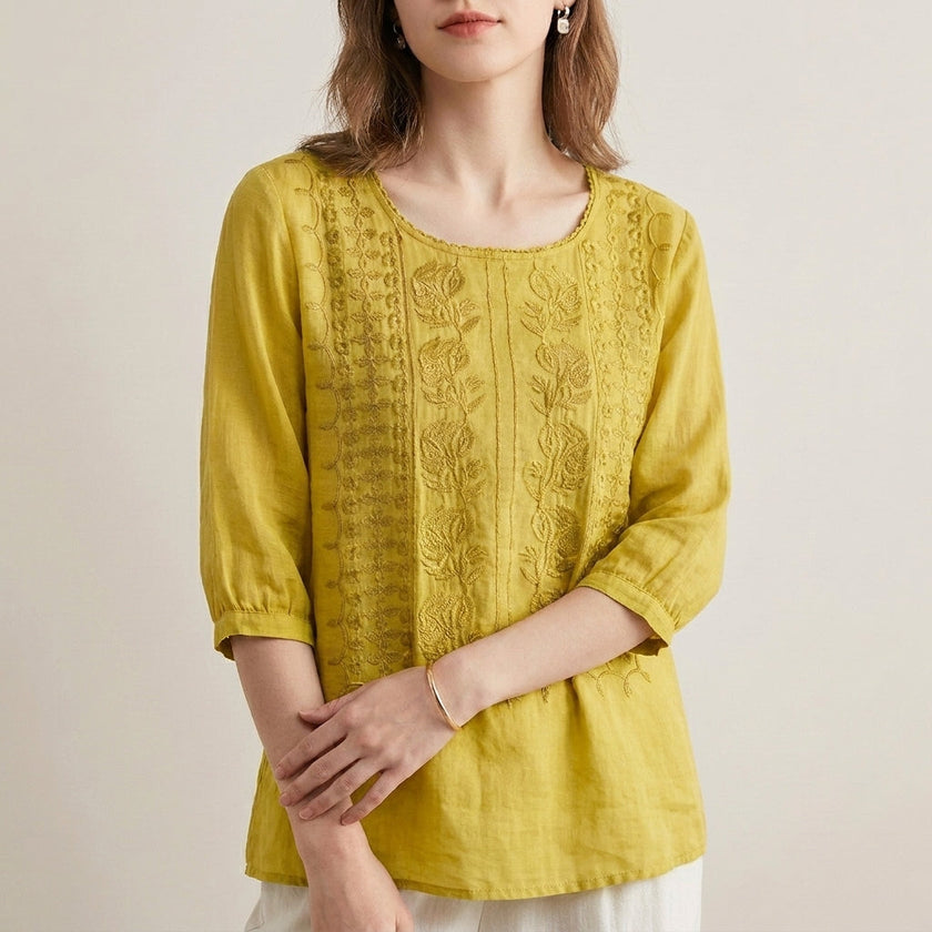 Yellow floral V-neck summer blouse for women by FJØRNA, featuring lightweight fabric and stylish design.