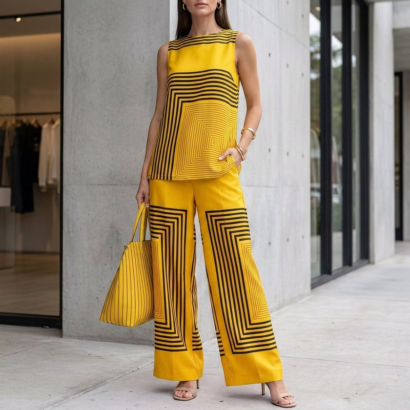 FJØRNA yellow sleeveless top with asymmetrical hem paired with wide-leg pants, stylish 2-piece set, casual and chic summer outfit