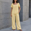 FJØRNA Coastal Breeze yellow relaxed top and wide-leg pant set, 2-piece casual summer outfit, lightweight and comfortable.