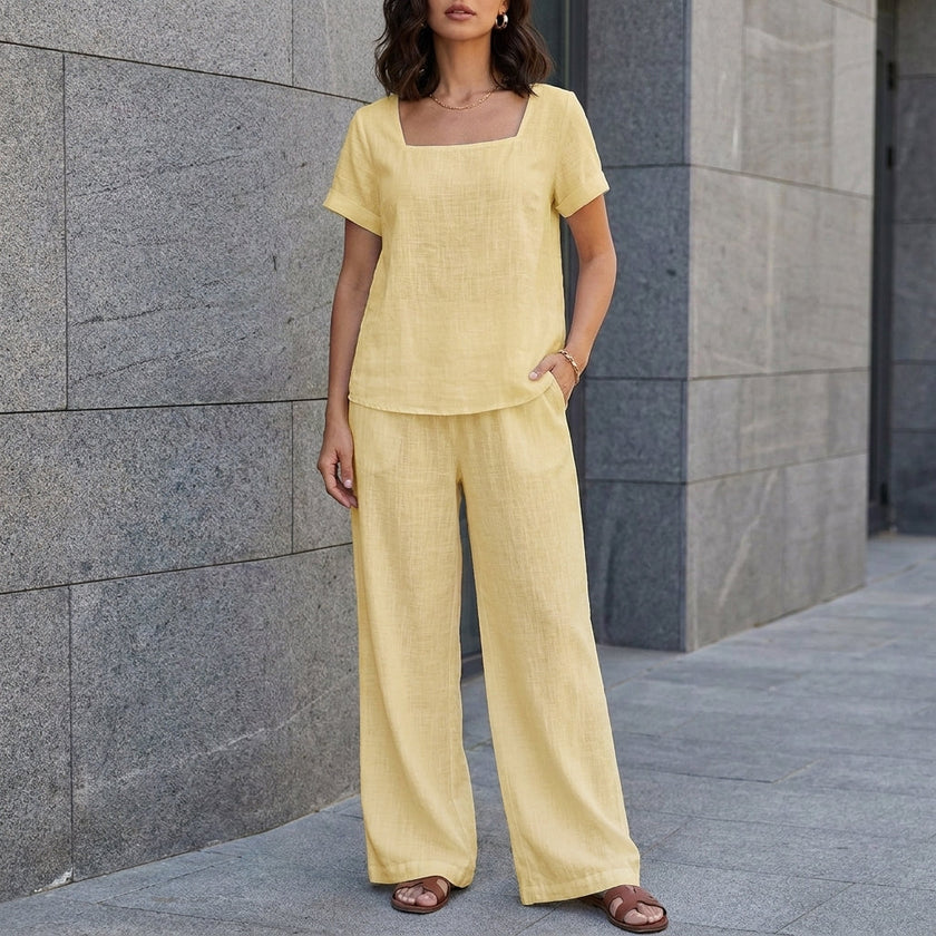 FJØRNA Coastal Breeze yellow relaxed top and wide-leg pant set, 2-piece casual summer outfit, lightweight and comfortable.
