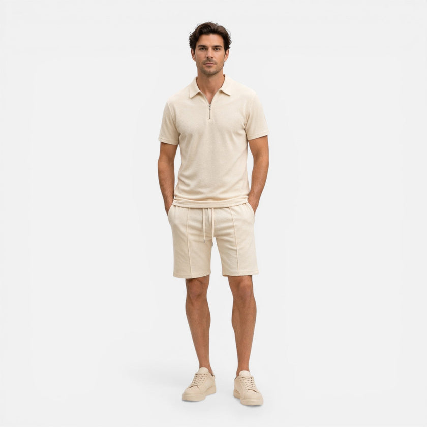Men's textured zip polo shirt and shorts set by FJØRNA, perfect for summer casual wear, shown in a stylish coordinated outfit.