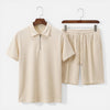 Men's textured zip polo shirt and shorts set in summer style by FJØRNA, casual men's clothing with a zip neck design.