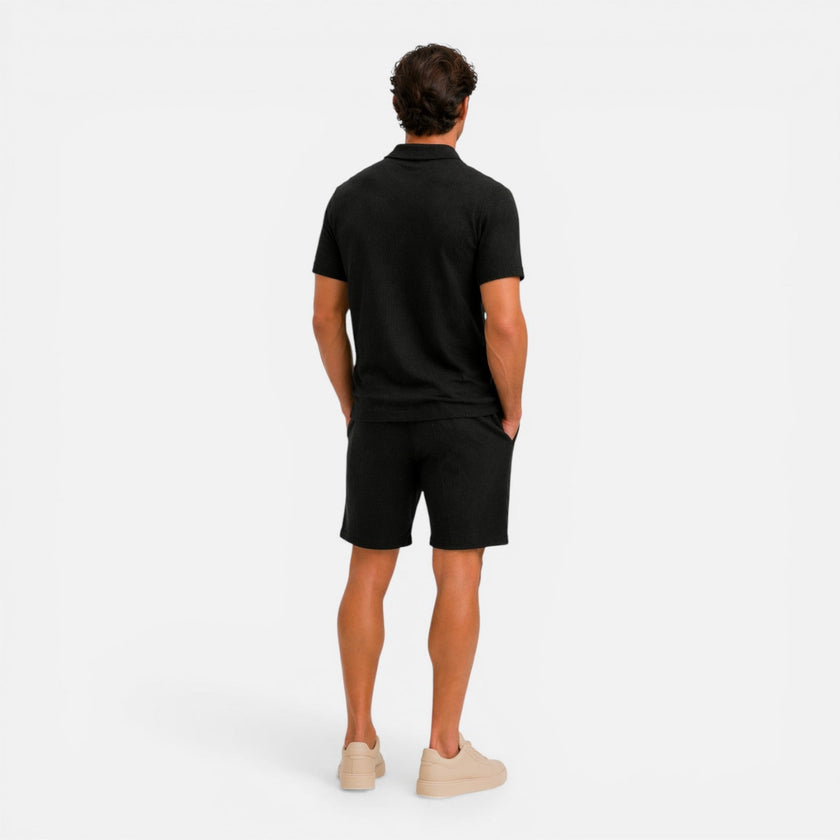 Men's textured zip polo shirt and shorts set in summer colors, stylish men's set by FJØRNA with a modern design.