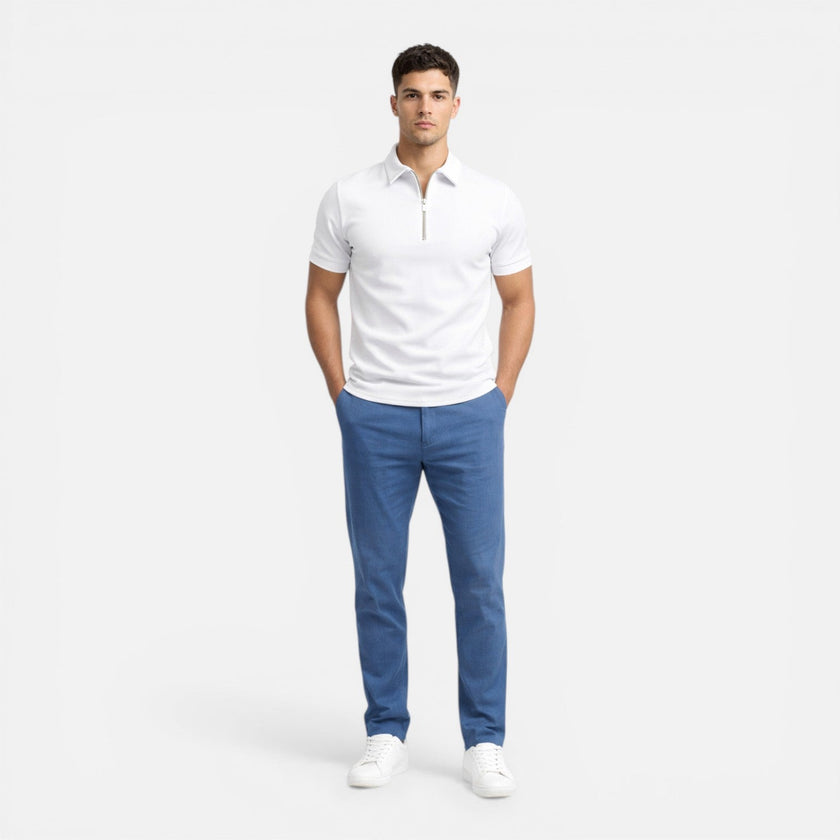 Men's slim fit zip polo shirt by FJØRNA, smart casual men's shirt with a modern style and zip closure.