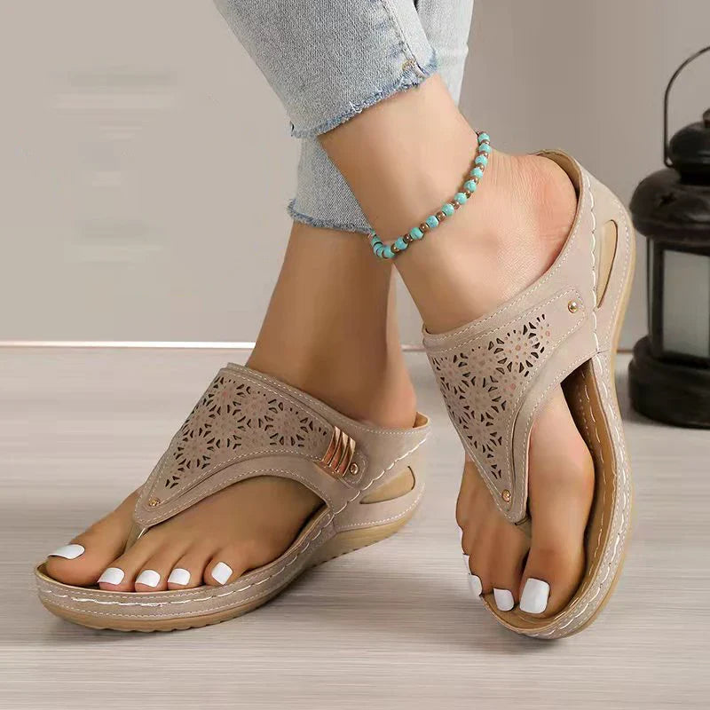 FJØRNA women's orthopedic heeled sandals with adjustable straps, arch support, soft leather, and anti-slip soles for comfort.