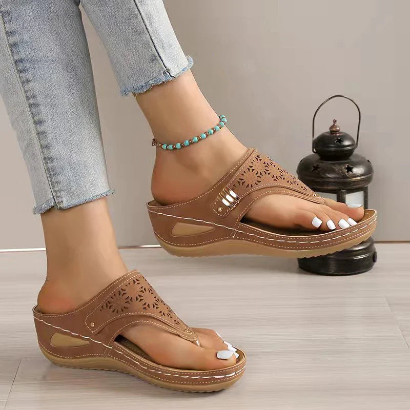 FJØRNA women's orthopedic heeled sandals with wedge heel, adjustable strap, arch support, soft leather, and anti-slip sole.