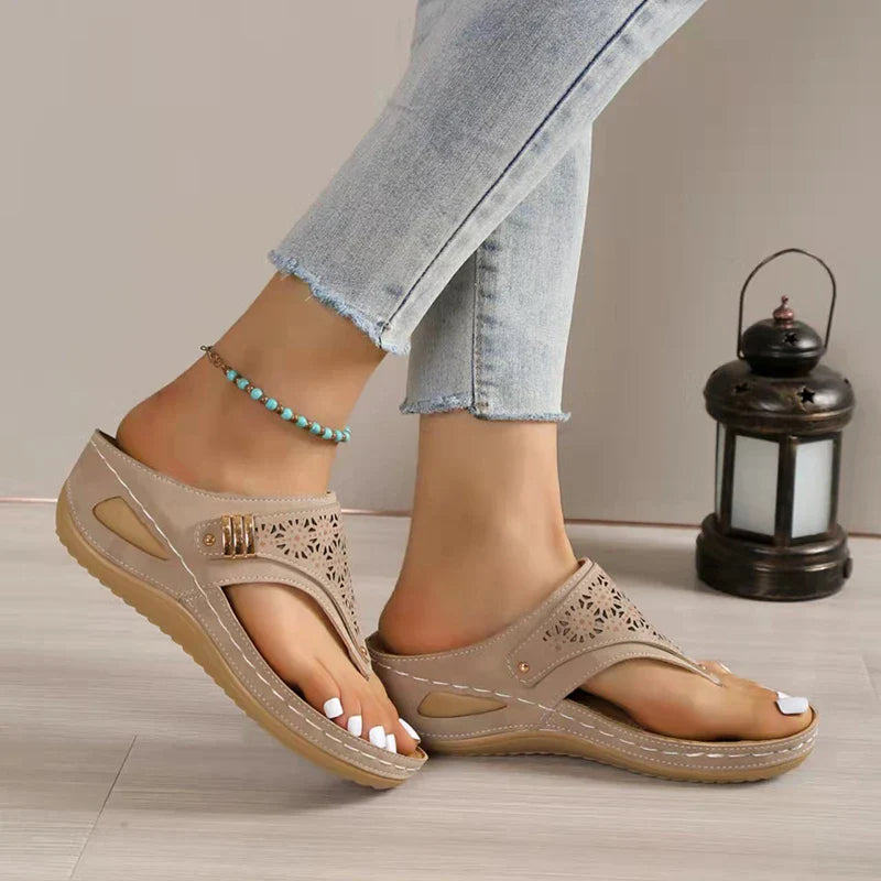 FJØRNA women's orthopedic heeled sandals with wedge, adjustable strap, arch support, soft leather upper, and anti-slip sole.