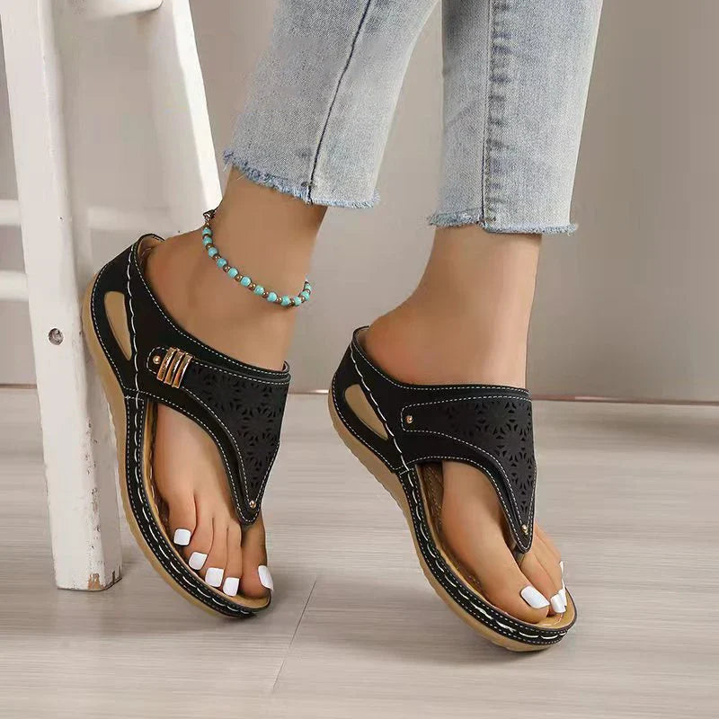 FJØRNA women's orthopedic heeled sandals with wedge heel, adjustable strap, arch support, and soft leather in summer sandal design.