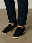 Men's black suede calfskin moccasins by FJØRNA, showcasing stylish slip-on men's shoes with smooth suede finish.