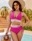 FJØRNA women's crochet stripe bikini set with high-waist, halterneck, and retro design, perfect for stylish swimwear.