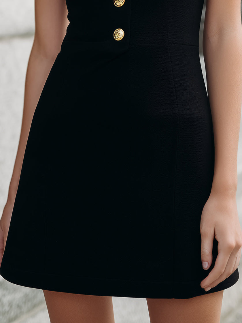 FJØRNA black sleeveless halter mini dress with white collar detail, stylish women's dress featuring a fitted silhouette and chic design.