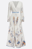 FJØRNA printed V-neck long sleeve maxi dress with bow tie waist, perfect for holiday and special occasions.