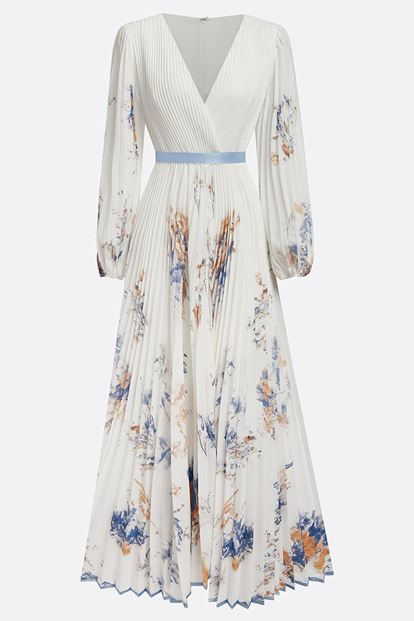 FJØRNA printed V-neck long sleeve maxi dress with bow tie waist, perfect for holiday and special occasions.