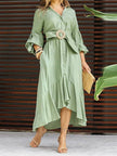 FJØRNA white maxi dress with high-low puff sleeves, pleated design, lapel collar, and solid color for elegant style.